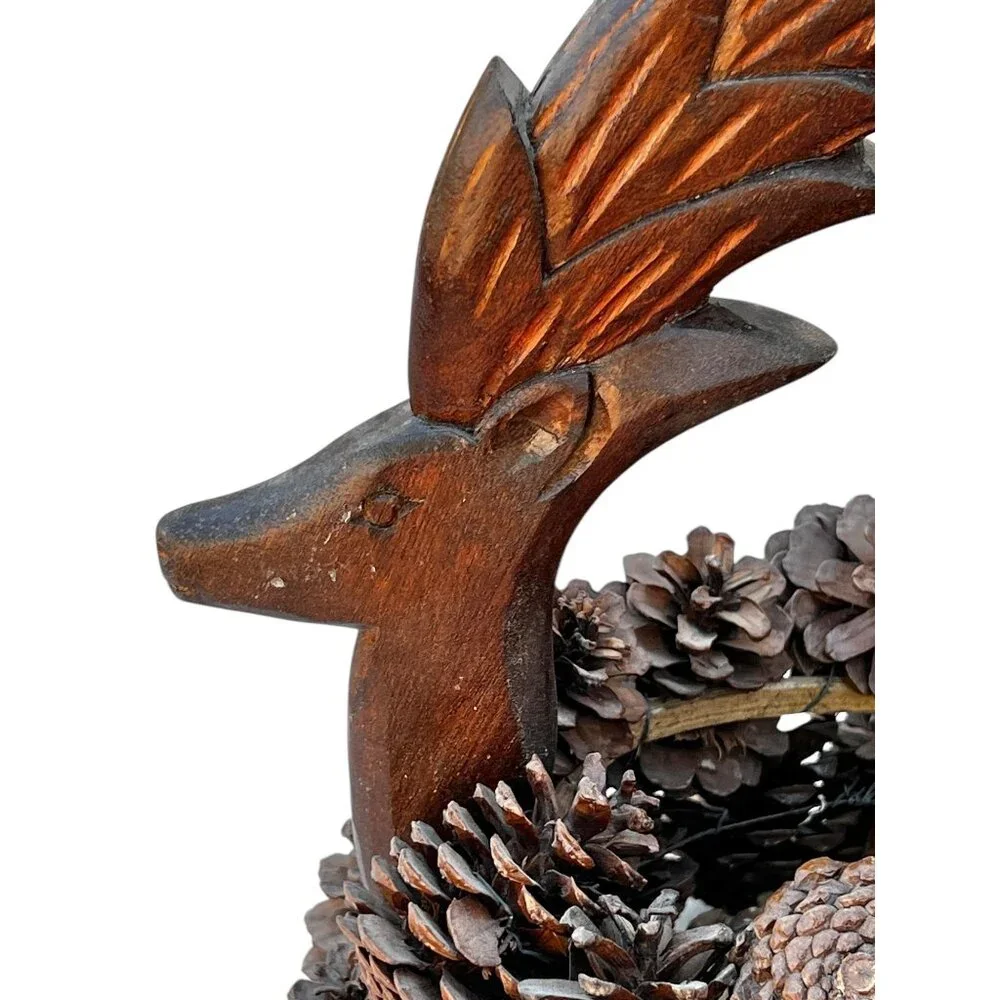 Pinecone Basket with Hand-Carved Wooden Deer Handle Dated 1994